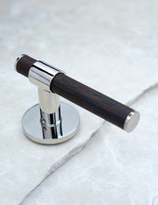  END door handle in Polished Nickel/Wenge. Luxury door hardware made of solid brass by BRANDT Collective.